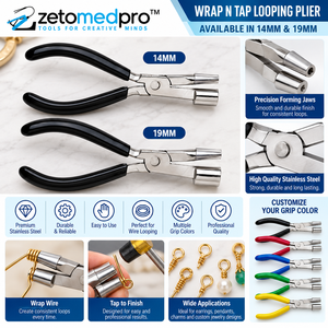 ZETOMEDPRO ZM-J-646 WRAP N TAP Pince à boucler 14mm et 19mm en acier inoxydable avec poignée en PVC, couleurs de poignée personnalisables, outil de sertissage de bijoux - Product Image 2