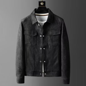 <b>Men's</b> Gray <b>Suede</b> Leather <b>Jacket</b> Turn-down Collar Zipper Closure Slim Moto Front Casual Winter Style Regular Sleeve Solid Color - Product Image 2