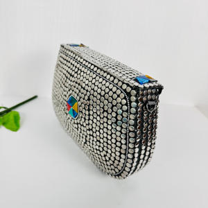 Modern Vintage Antique Designer Women's Clutch Bag <b>Silver</b> Metal Beads Sling Purse with Polished Sculpture - Product Image 4