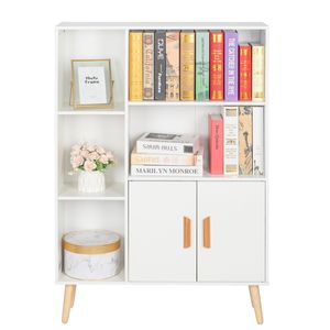 Mobiletto Contenitore in Legno Autoportante per Soggiorno, Libreria a Doppia Anta con 2 Ripiani, 3 Cubi e 4 Gambe, Mobile Laterale Decorativo - Product Image 3