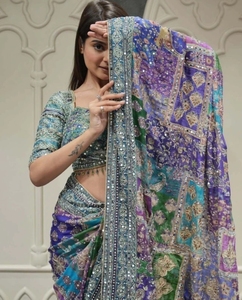 Sari de Crepé Bollywood Reversible Estampado de Rayón para Mujer KV (Azul) de Secado Rápido y Sin Arrugas para Bodas - Product Image 1