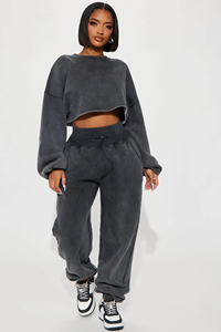 Cropped Acid Washed Tracksuit Women's Clothing Hoodie & Sweatpants <b>Distressed</b> Sweat suit Set - Product Image 2