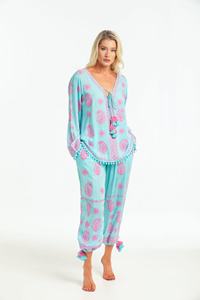 Traje de noche de verano para mujer bohemio de moda, intrincado bordado en contraste, Pom Hem Top, Conjunto de pijama con corbata de borla - Product Image 2