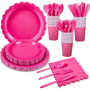 Kit di Articoli per Feste Usa e Getta per 25 Ospiti, 175 Pezzi, Piatti, Tovaglioli, Bicchieri e Posate in Carta Rosa Intenso con Design a Festoni - Product Image 1