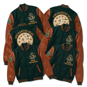 เสื้อแจ็คเก็ต Letterman สีเทาสเลท ผ้าขนสัตว์ ปักลาย Stone Circle Guild Megalith แขนหนังสีครีม สไตล์บอมเบอร์ ขายส่ง - Product Image 2