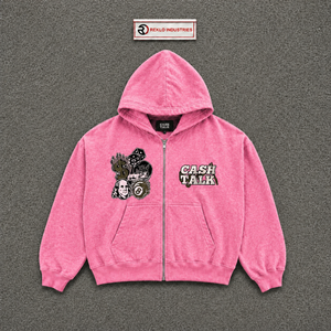 Sweat à capuche oversize rose zippé style urbain pour homme, en coton molletonné, avec imprimé Cash Talk et logo frontal, style automne, tendance - Product Image 5