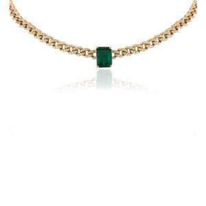 18K Gold Solitaire Emerald and Diamond Studded Curb Chain Choker Necklace - Product Image 6