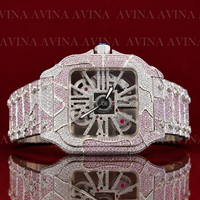 Montre automatique squelette en moissanite et diamants style hip-hop pour homme |   Montre-bracelet mécanique de luxe entièrement pavée de pierres roses et blanches