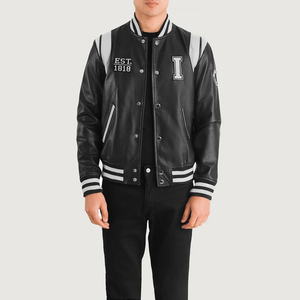 <b>Men's</b> PU <b>Leather</b> Varsity <b>Jacket</b> Preppy Style Embroidered I Logo Turn-down Collar Regular Fit Autumn Wear - Product Image 1