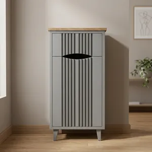 Modern Gray Storage <b>Cabinet</b> with Wood Top and Vertical Slats Design for Bathroom or Closet Use - Product Image 6