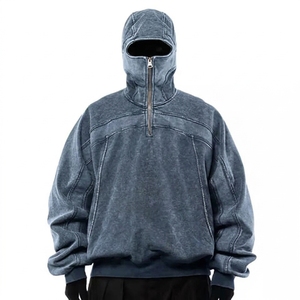 Sudadera con capucha de punto para hombre, estilo ninja, con cremallera de un cuarto, lavado ácido, vintage, hombros caídos, venta al por mayor - Product Image 3