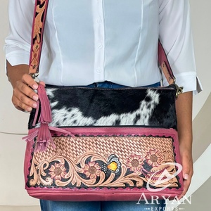 Luxury Premium Floral Tooled Design Genuine Cowhide Hair on Leather Crossbody Handbag Handmade Boho Western Women's Bag - Product Image 1