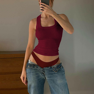 Custom Breathable Quick Dry Knitted Stretch Scoop Neck Sleeveless Rib Tank <b>Top</b> <b>Racer</b> <b>Back</b> Gym Fitness Ribbed Women's Polyester - Product Image 1