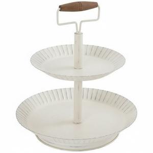 Soporte de metal blanco de 2 niveles para tartas con asa, estilo rústico chic, con borde festoneado, bandeja para servir postres para bodas, venta al por mayor - Product Image 1