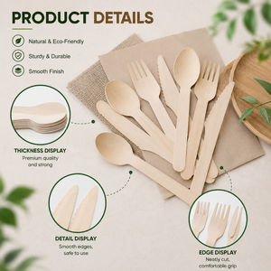 Ensemble de couverts en bois écologiques, jetables et biodégradables (couteau, fourchette, cuillère) pour fêtes, camping et cadeaux promotionnels - Product Image 4