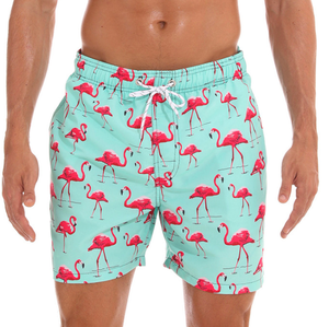 Short de bain décontracté pour homme, tissé, imprimé flamant rose, séchage rapide, résistant à l'eau, taille mi-haute avec cordon de serrage - Product Image 1