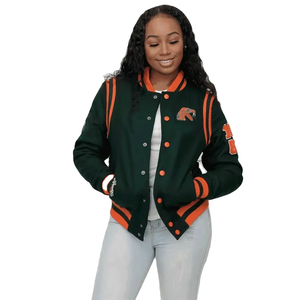 Custom Long Knitted Wool Varsity <b>Jacket</b> Chenille Patches Embroidery Sororities Breathable Fleece Lining Green Orange - Product Image 4