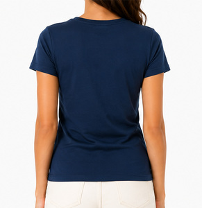 T-shirt court à col rond bleu marine pour femme, coupe ajustée, manches courtes, 100% coton, vêtement décontracté, tissu jersey respirant - Product Image 2