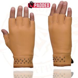 Gants de moto en cuir véritable marron sans doigts, cloutés, pour motards, vente en gros OEM, fournisseur - Product Image 2