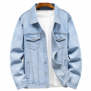 <b>Men's</b> Light Blue Washed Denim Trucker <b>Jacket</b> Button Closure <b>Long</b> Sleeve Regular Fit Casual Jean <b>Jacket</b> for Spring and Autumn - Product Image 1