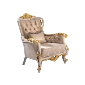 Fauteuil de salon au design antique européen avec tissu damassé capitonné de qualité supérieure et finition or noir ornée - Product Image 1