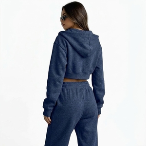 Women's <b>Zip</b> <b>Up</b> <b>Cropped</b> <b>Hoodie</b> Tracksuit Custom Sweatshirt Elastic Waist Pants Side Pockets Casual Loungewear Set Wholesale - Product Image 5