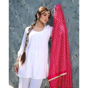 Traje de Gasa Blanco Talla XS para Mujer, Modelo Anna, con Dupatta con Trabajo de Espejos - Product Image 5