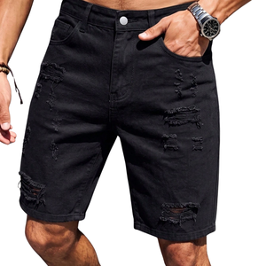 Pantalones Cortos de Mezclilla Rectos para Hombre, Negros, Desgastados, 100% Algodón, Casuales, Transpirables, de Secado Rápido, Estilo Veraniego, Largura hasta la Rodilla, para Uso Diario - Product Image 1