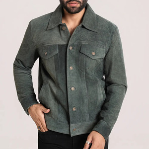 <b>Men's</b> Green <b>Suede</b> Leather <b>Jacket</b> Casual Autumn Wear Turn-down Collar Regular Fit Single Button Closure - Product Image 6