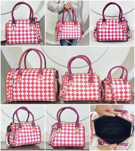 New Arrival Cute <b>Pink</b> & White Hot Selling Checkered Speedybags Tooled Genuine Leather Medium Crossbody Female Travel Duffel Bags - Product Image 3