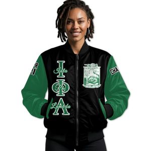 Veste universitaire personnalisée pour femmes Iota Phi Lambda, noire et vert émeraude, avec écusson grec sur le devant et le dos, numéro d'année, fermeture éclair, style bomber - Product Image 1