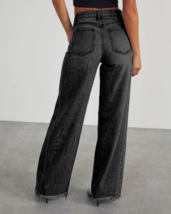 Pantalones vaqueros de mujer al por mayor, de cintura alta, pierna ancha, con dobladillo deshilachado, lavado medio, ajuste holgado, estilo casual - Product Image 4