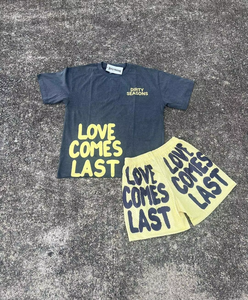 Ensemble T-shirt et short pour homme, couleur unie, coupe ample, avec design doublé sur le devant, personnalisable, vente en gros - Product Image 3