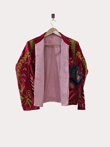 Hand Embroidered Floral Velvet Blouson Plus Size Women'<b>s</b> Autumn Mandarin Collar Full Sleeve Pullover Jacket - Product Image 3