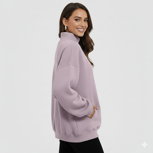 Sudadera personalizada para mujer, de cuello alto, estilo oversized, con ribetes y dobladillo en contraste, de tejido grueso tipo felpa. - Product Image 1