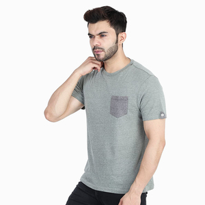 T-shirt en coton gris pour homme, manches courtes, col rond, poche, vêtement décontracté, coupe classique, couleur unie, jersey tricoté, vêtement de sport - Product Image 3