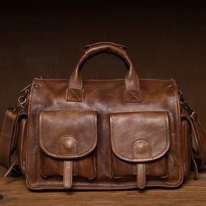 Sac fourre-tout de voyage vintage grande capacité, écologique, sacoche d'affaires pour ordinateur portable 14 pouces, porte-documents en cuir véritable pour hommes - Product Image 1