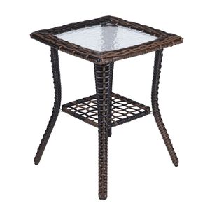Tavolino Laterale da Esterno in Vimini Marrone con Piano in Vetro, Tavolino in Rattan per Patio, Caffè, Bistrò, Giardino, Portico, Balcone, Parco - Product Image 3