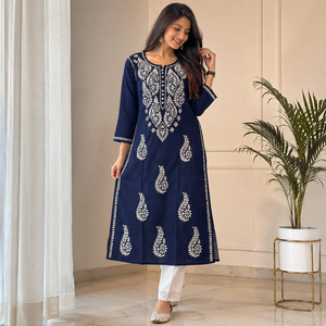 Dark Navy Blue Hand Embroidered Lucknowi <b>Chikankari</b> Straight <b>Kurti</b> Elegant Cotton Ethnic Tunic Top for Women - Product Image 1