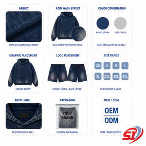 Custom <b>Men</b> Acid Wash 100% Cotton 320g Hoodie Set Streetwear Sweatshirt Shorts OEM ODM Private Label Wholesale - Product Image 5