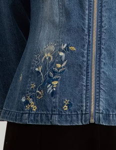 Hardihood International Women's Denim <b>Jacket</b> Floral Embroidery Zip Front Formal Autumn Style 3/4 Sleeve Distressed Cotton Woven - Product Image 4