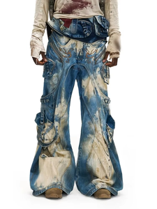 Jean en denim pour homme en coton de haute qualité, coupe large, style streetwear hip-hop, avec broderie, fermetures éclair et œillets, effet délavé vintage, personnalisable OEM ODM - Product Image 4