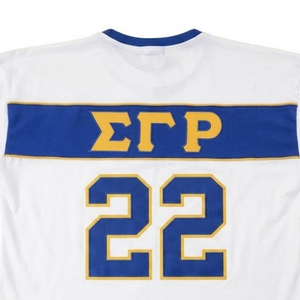 Camiseta Deportiva Premium SGRho Blanca, Azul Rey y Dorado, Manga Corta, Número 22, Diseño Gráfico a Rayas, para Sororidad, Universidad, Equipo Casual - Product Image 6