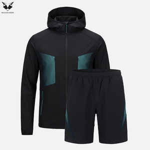 Conjunto de Pantalones Cortos Deportivos Negros para Hombre, Chaqueta Deportiva con Capucha y Paneles Geométricos Turquesa Modernos y Pantalones Cortos Deportivos a Juego - Product Image 6