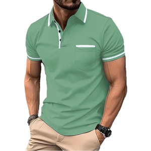 Polo de Manga Corta Verde Sólido para Hombre, Cuello con Ribete en Contraste, Bolsillo en el Pecho, Transpirable, para Golf - Product Image 1