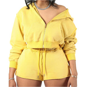 New Arrivals Summer Women's Lounge Zipper Hoodies Short Set 2 Piece Biker <b>Crop</b> <b>Top</b> T-shirts And Shorts Two Piece Set For Women - Product Image 1