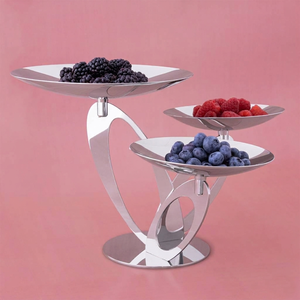 Modern Silver Three Tier Metal Fruit Bowl With Stand Displays Berries & Cup <b>Cake</b> Stand With Sculptural Curves For Home Decor - Product Image 1