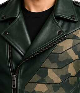 Veste en cuir vert pour homme, style motard, fermeture éclair, col rabattu - Product Image 6