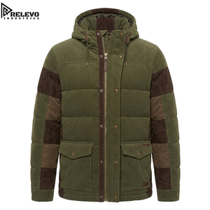 High Quality Men Olive Green Corduroy & <b>Checkered</b> Patchwork Puffer <b>Jacket</b>, Heavyweight Insulated Winter <b>Jacket</b> with Hood - Product Image 1