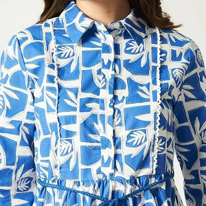 Vestido Camisero Elegante de Algodón Tejido para Mujer, con Encaje Estampado y Botones, Azul Fresco, Túnica Casual para Otoño, Precio al por Mayor - Product Image 1